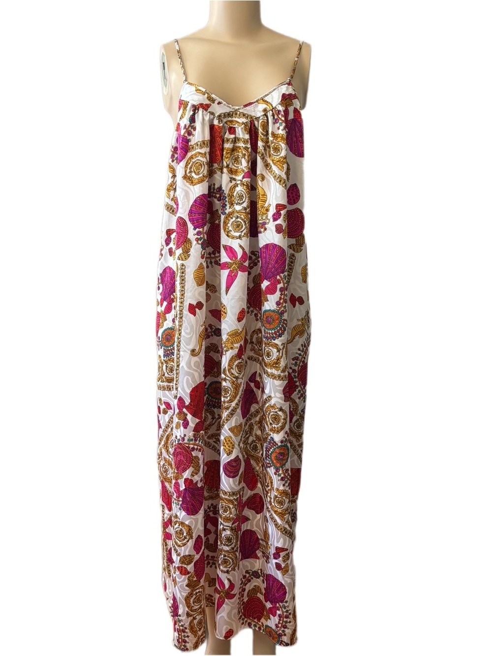 Vintage Mary McFadden Seashell Jewel Boho Beach Maxi Dress Sz Large